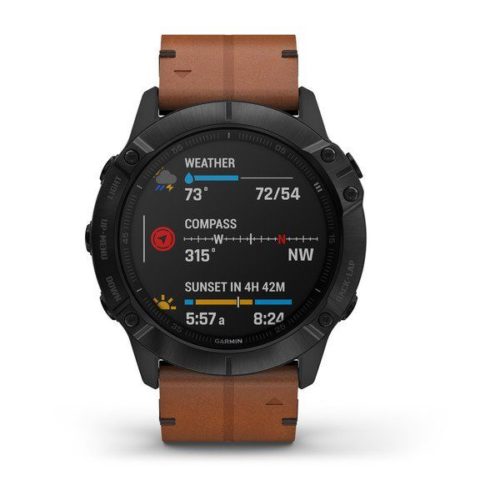 GPS ceas Garmin Fenix 6X Pro and Sapphire Black with chestnut leather band