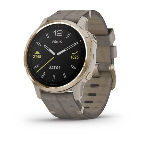 GPS часы навигатор Garmin Fenix 6S Pro and Sapphire Light gold-tone with grey leather band